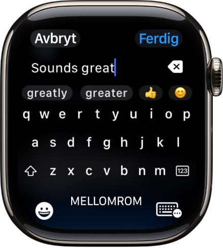 Tekstfelt-skjermen viser en melding skrevet med skjermtastaturet. Emoji- og Skjermtastatur-knappene vises nederst på skjermen.