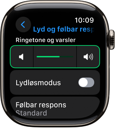 Lyd og følbar respons-innstillinger på Apple Watch, med skyveknappen for Varslingsvolum øverst og Lydløsmodus-bryteren under.