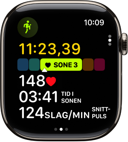 En løpeøkt pågår og viser tid, sonen du er i, puls, tid i sonen og snittpuls.