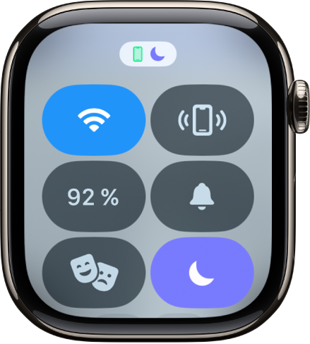 Kontrollsenter som viser seks knapper: Wi-Fi, Ping iPhone, Batteri, Lydløsmodus, Forestilling og Ikke forstyrr.