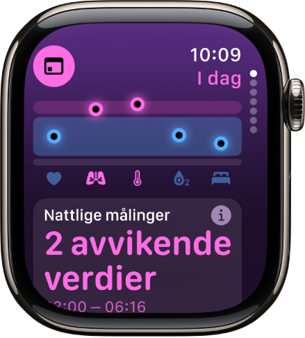 En skjerm i Vitale tegn-appen viser helsemålinger fra natten.