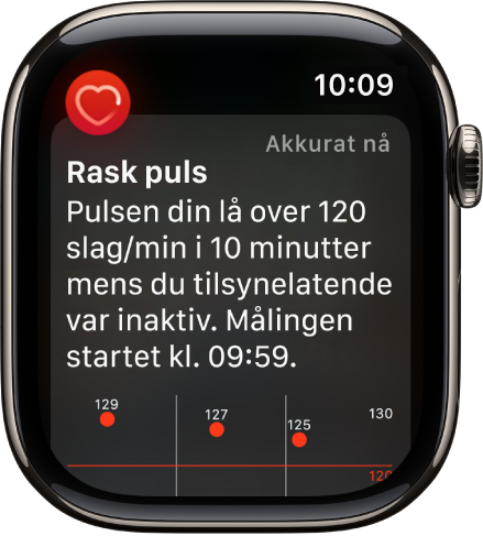 En pulsvarsel-skjerm som viser at rask puls er registrert.