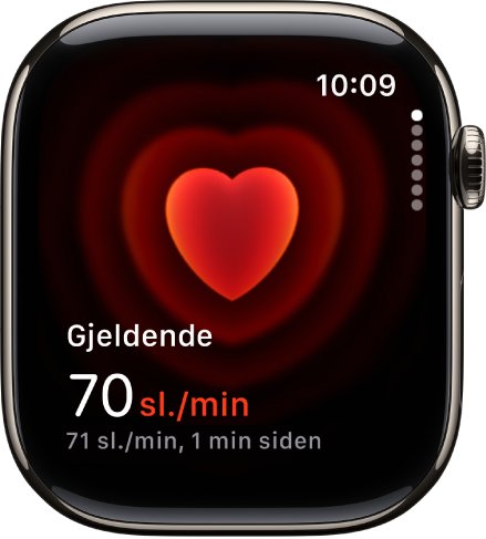 En Puls-skjerm, med nåværende puls nede til venstre og siste måling i liten skrift under.