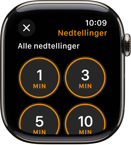 Nedtelling-appskjermen som viser Legg til-knappen for å legge til en ny nedtelling, og nedtelling for 1, 3, 5 eller 10 minutter.