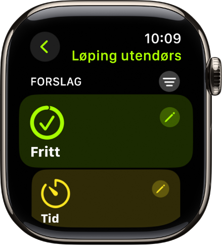 Trening-appen som viser en skjerm for å redigere en Løping utendørs-treningsøkt. Åpne-ruten vises i midten med en Rediger-knapp øverst til høyre. Nedenfor vises en del av Tid-ruten.