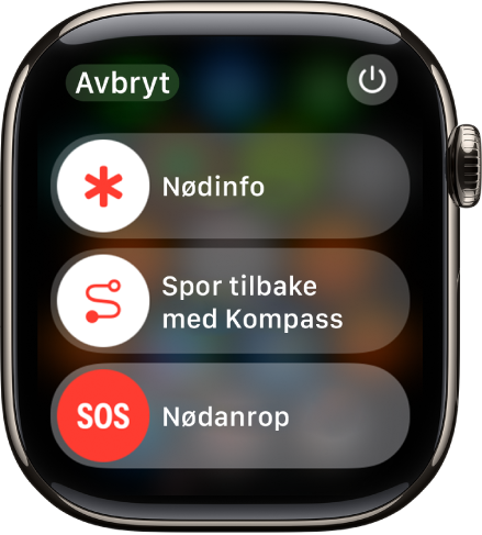 Nødetater-skjermen. Nødinfo-skyveknappen vises nær toppen, skyveknappen for Spor tilbake med Kompass vises i midten, og skyveknappen for Nødanrop vises nederst.