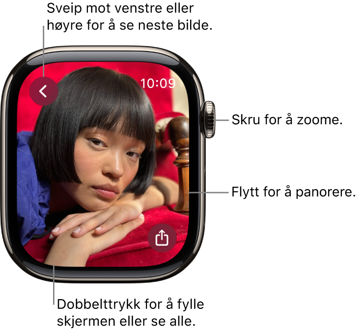 Mens du viser et bilde, kan du skru på Digital Crown for å zoome, flytte for å panorere eller dobbelttrykke for å bytte mellom visning av hele bildet og å fylle skjermen. Sveip til venstre eller høyre for å se neste bilde. En Del-knapp vises nederst til høyre.