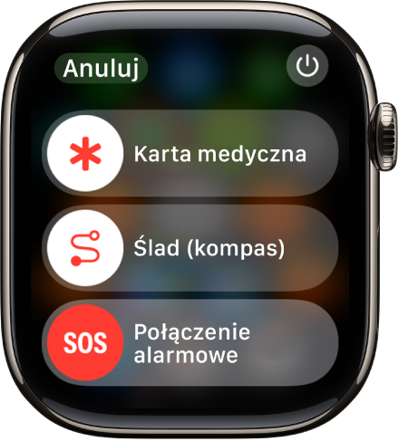 Ekran kontaktu ze służbami ratowniczymi. Na górze znajduje się suwak Karta medyczna, na środku suwak rejestrowania śladu w aplikacji Kompas, a na dole — suwak Połączenie alarmowe.