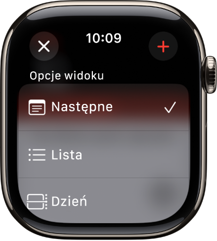 Ekran aplikacji Kalendarz z opcjami widoku: Następne, Lista i Dzień. W prawym górnym rogu znajduje się przycisk dodawania.