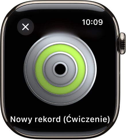 Apple Watch wyświetlający nagrodę za osiągnięcie. Pod nagrodą wyświetlany jest jej opis. Możesz przeciągnąć, aby obrócić nagrodę.