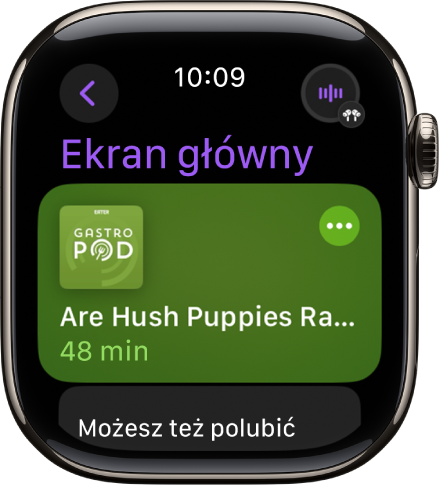 Aplikacja Podcasty na Apple Watch wyświetlająca ekran główny z grafiką podcastu. Stuknij w grafikę, aby włączyć odtwarzanie odcinka.