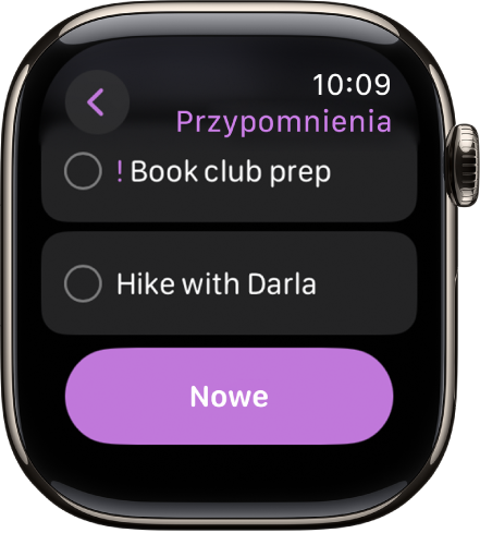 Aplikacja Przypomnienia zawierająca dwa przypomnienia. Przypomnienia widoczne są na górze ekranu. Poniżej znajduje się przycisk Nowe.