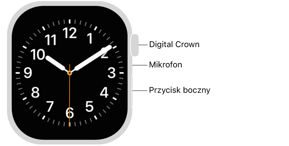 Apple Watch Series 10 widziany z przodu. Na ekranie wyświetlana jest tarcza zegarka. Z boku, od góry, znajdują się: Digital Crown, mikrofon oraz przycisk boczny.