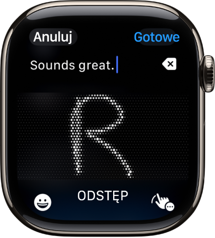 Ekran z polem tekstowym zawierającym literę wpisaną przy użyciu funkcji Pisanie odręczne. Na dole ekranu znajdują się przyciski Emoji oraz Pisanie odręczne.