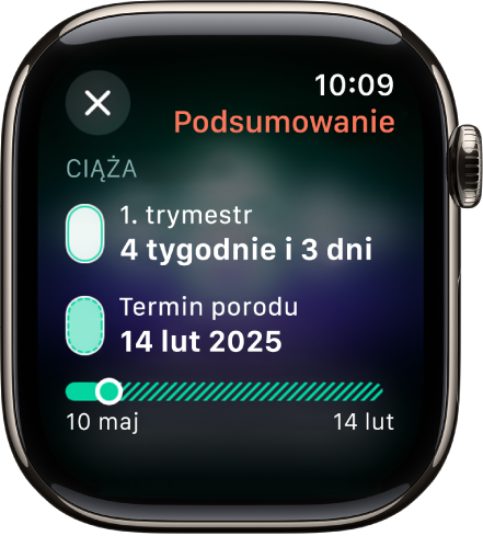 Ekran aplikacji Śledzenie cyklu, zawierający podsumowanie ciąży. Na środku widoczny jest wiek ciąży oraz czas porodu.