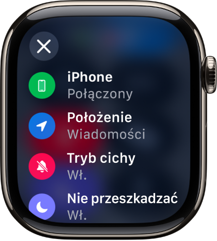 Szczegóły statusu: iPhone połączony, położenie używane przez Wiadomości, tryb cichy włączony, tryb Nie przeszkadzać włączony.
