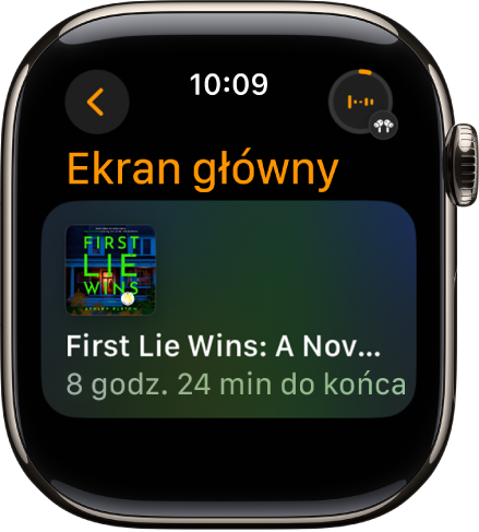 Ekran aplikacji Audiobooki wyświetlający aktualnie odtwarzaną książkę. Widoczny jest jej tytuł oraz pozostały czas. W prawym górnym rogu znajduje się przycisk Odtwarzane.