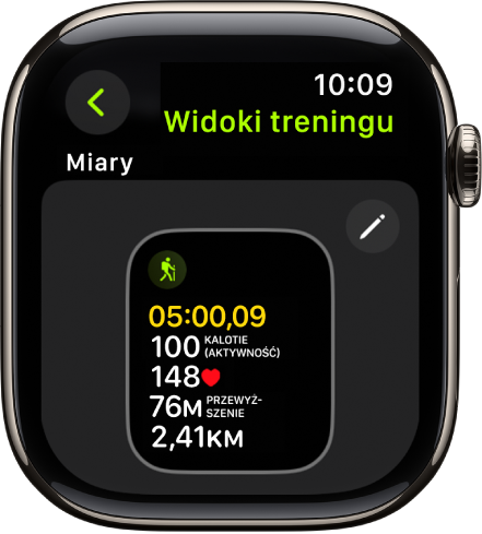 Ekran widoków treningu, wyświetlający widok Miary treningu Wędrówka.