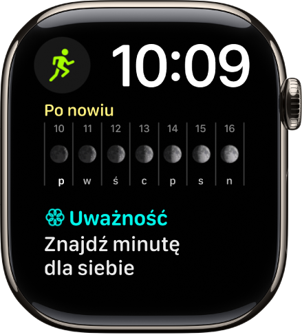 Tarcza Modułowy podwójny z zegarem cyfrowym (na górze, po prawej) i trzema komplikacjami: Trening (w lewym górnym rogu), Faza księżyca (na środku) oraz Uważność (na dole).