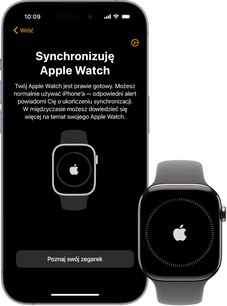 iPhone i Apple Watch wyświetlające ekrany synchronizacji.