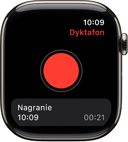 Apple Watch wyświetlający ekran aplikacji Dyktafon. U góry widoczny jest czerwony przycisk nagrywania. Poniżej znajduje się nagrana notatka głosowa. Widoczny jest czas nagrania notatki oraz czas jej trwania.