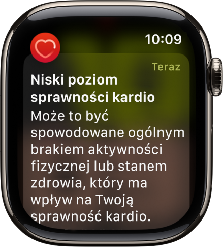 Alert dotyczący tętna, informujący o niskim poziomie sprawności kardio.