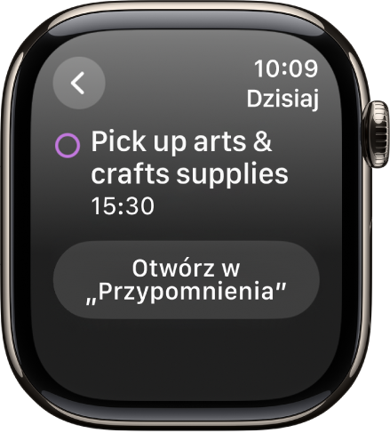 Ekran Kalendarza wyświetlający przypomnienie. Na górze znajduje się nazwa przypomnienia, a poniżej widoczny jest czas przypomnienia. Data wydarzenia znajduje się w prawym górnym rogu. Na dole ekranu widoczny jest przycisk pozwalający otworzyć przypomnienie w aplikacji Przypomnienia.