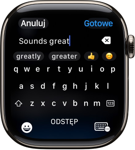 Ekran z polem tekstowym zawierającym wiadomość utworzoną przy użyciu klawiatury ekranowej. Na dole ekranu znajdują się przyciski Emoji oraz Klawiatura ekranowa.