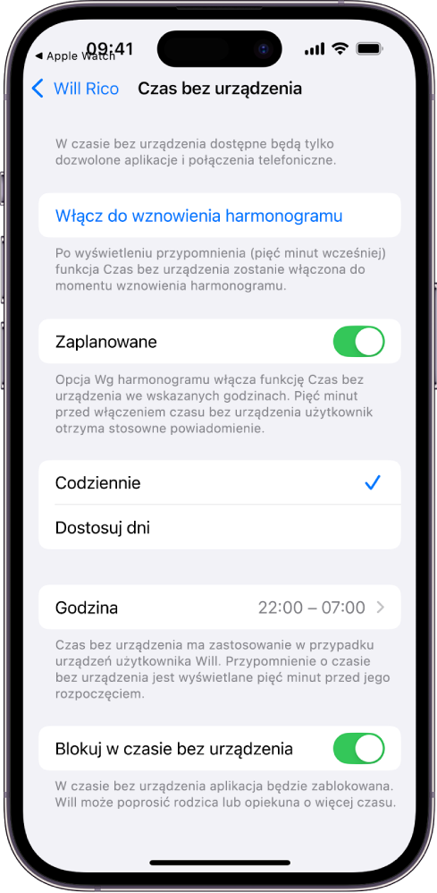 iPhone wyświetlający ekran konfiguracji funkcji Czas bez urządzenia. U góry widoczny jest przełącznik Zaplanowane. Poniżej widoczne są opcje Codziennie (wybrana) oraz Dostosuj dni. Godziny Od i Do znajdują się na środku ekranu, a przycisk Blokuj w czasie bez urządzenia jest widoczny na dole.