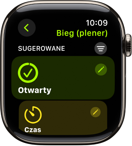 Aplikacja Trening wyświetlająca ekran edycji treningu Bieg (plener). Na środku widoczny jest kafelek Otwarty, a w jego prawym górnym rogu znajduje się przycisk Edycja. Niżej widoczny jest fragment kafelka Czas.