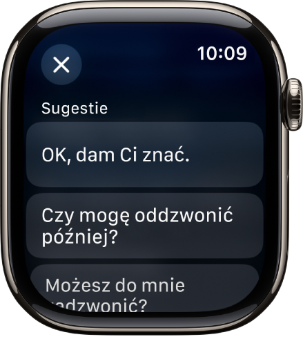 Aplikacja Poczta wyświetlająca trzy sugerowane odpowiedzi.