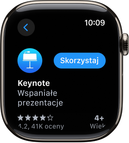 Ekran App Store wyświetlający stronę aplikacji z krótkim opisem, ocenami oraz przyciskiem Pobierz widocznym po prawej.