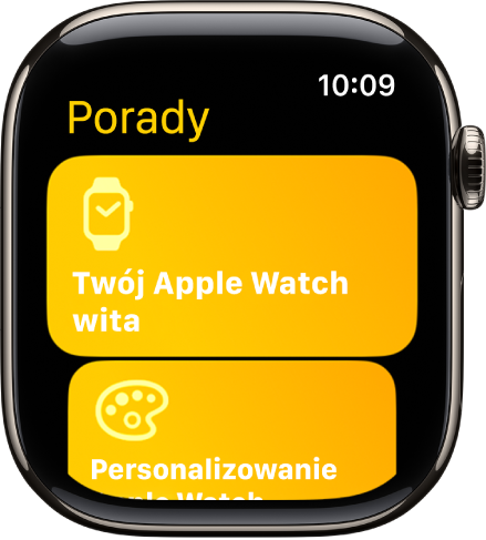 Aplikacja Porady wyświetlająca zbiory porad, takie jak Apple Watch wita.