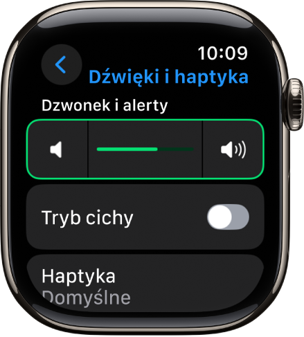 Ustawienia dźwięku i haptyki Apple Watch. Na górze znajduje się suwak Głośność alertów, a pod nim przełącznik Tryb cichy.