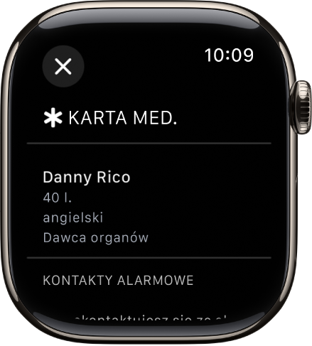 Ekran karty medycznej na Apple Watch. Widoczne jest imię i nazwisko osoby, wiek, język, status dawcy organów oraz lista kontaktów alarmowych.