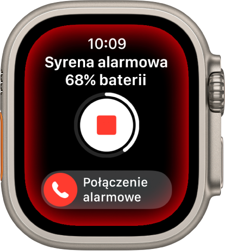 Syrena rozpocznie odliczanie w dół. Na górze znajduje się wskaźnik naładowania baterii, pośrodku jest przycisk odtwarzania, a na dole suwak Połączenie alarmowe.