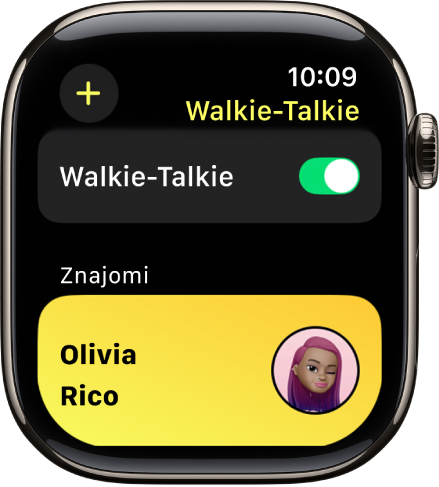 Ekran Walkie-Talkie pokazujący przełącznik Walkie-Talkie u góry i znajomego u dołu.