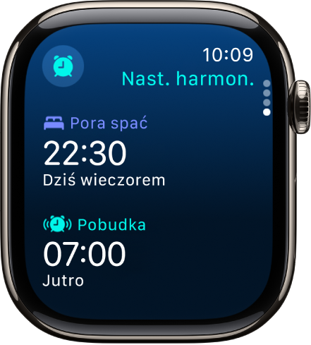 Aplikacja Sen na Apple Watch, wyświetlająca harmonogram snu na najbliższy wieczór. Czas spać wyświetlany jest na górze, pod nim znajduje się czas pobudki.