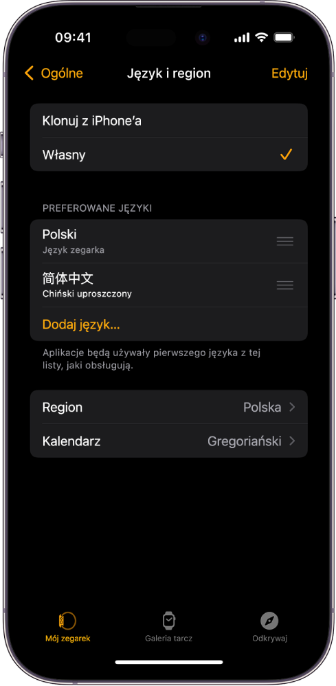 Ekran Język i region w aplikacji Apple Watch, na górze ekranu widoczne są dwa języki pod etykietą Preferowane języki.