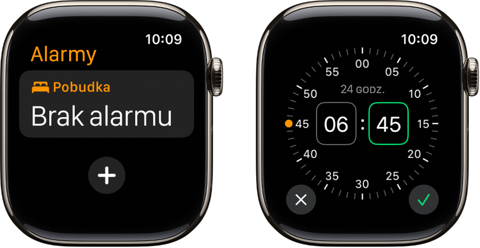 Dwa ekrany Apple Watch ilustrujące proces dodawania alarmu: Stuknij w Dodaj alarm, stuknij w AM lub PM (jeśli używasz formatu 12‑godzinnego), obróć Digital Crown, aby dostosować czas, a następnie stuknij w przycisk Gotowe.