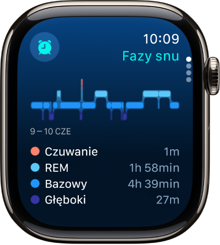 Aplikacja Sen wyświetlająca szacowany czas spędzony w poszczególnych fazach snu (REM, sen bazowy i sen głęboki).