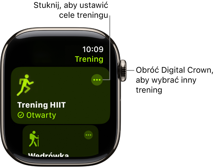 Ekran aplikacji Trening z wyróżnionym treningiem HIIT. W prawym górnym rogu kafelka treningu widoczny jest przycisk Więcej.