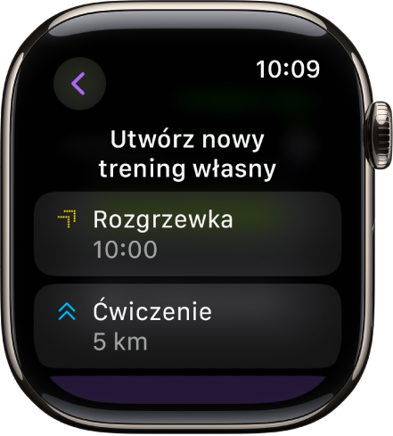 Aplikacja Trening wyświetlająca ekran tworzenia nowego treningu własnego. Na środku widoczny jest kafelek Rozgrzewka z dziesięciominutowym interwałem. Poniżej znajduje się kafelek Ćwiczenie z trzykilometrowym interwałem.