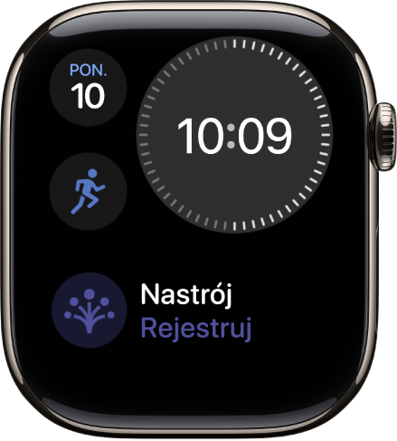 Tarcza Modułowy prosty z zegarem cyfrowym (na górze, po prawej), datą i godziną (na górze, po lewej) i dwoma komplikacjami: Trening (na środku, po lewej) oraz Nastrój (na dole).
