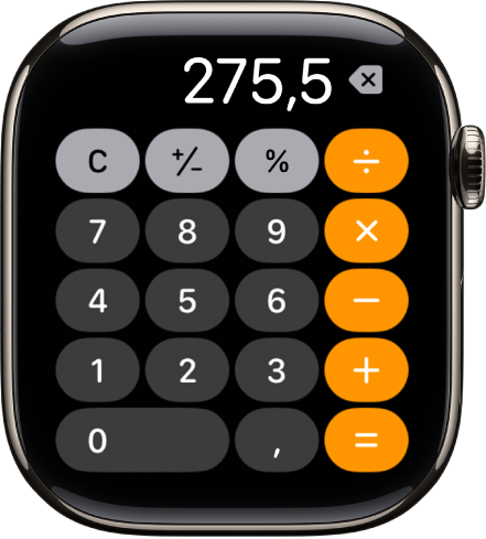 Apple Watch wyświetlający aplikację Kalkulator. Na ekranie widoczna jest typowa klawiatura numeryczna z klawiszami działań matematycznych po prawej. Na górze znajdują się klawisze C, plus, minus i napiwek.