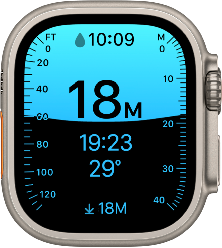 Ekran aplikacji Głębokość na Apple Watch Ultra, wyświetlający bieżącą głębokość, czas od zanurzenia oraz temperaturę wody.