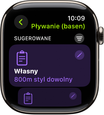 Ekran aplikacji Trening wyświetlający ustawienia dotyczące własnego treningu Pływanie (basen).