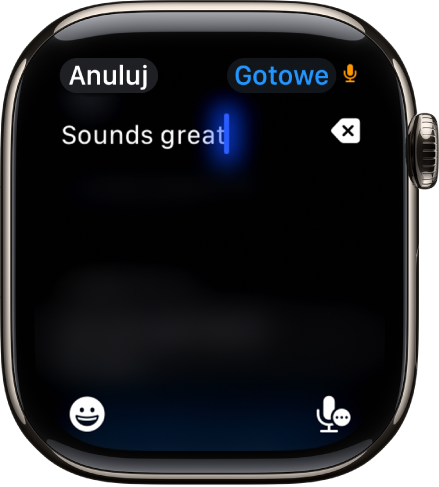Ekran z polem tekstowym zawierającym wiadomość utworzoną przy użyciu funkcji Dyktowanie. Na dole ekranu znajdują się przyciski Emoji oraz Dyktowanie.