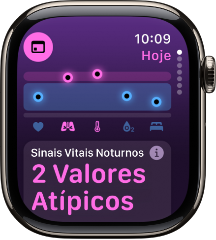 Tela no app Sinais Vitais mostrando métricas de saúde noturnas.