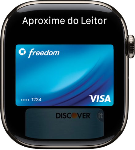 Tela mostrando um cartão de crédito no Apple Pay, pronto para ser apresentado a um leitor por aproximação.